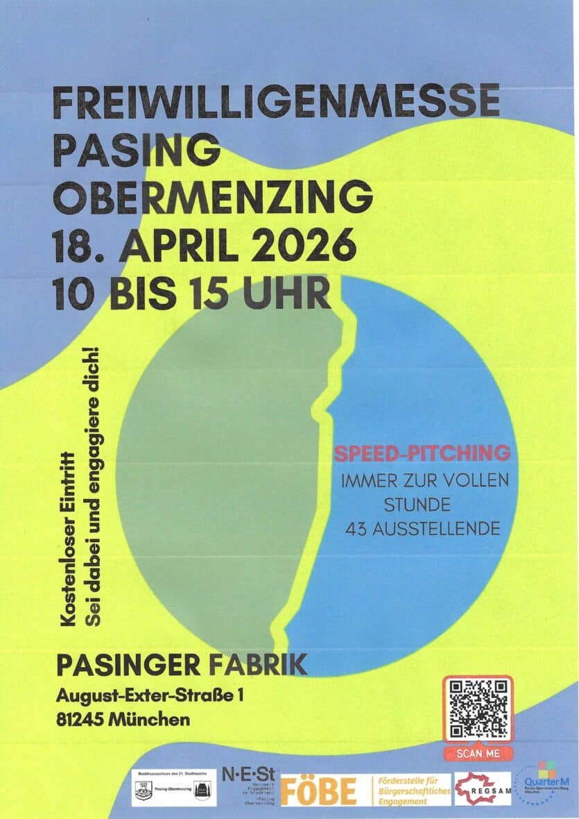 Buntes Plakat mit Ort und Uhrzeit der Freiwilligenmesse Pasing-Obermenzing